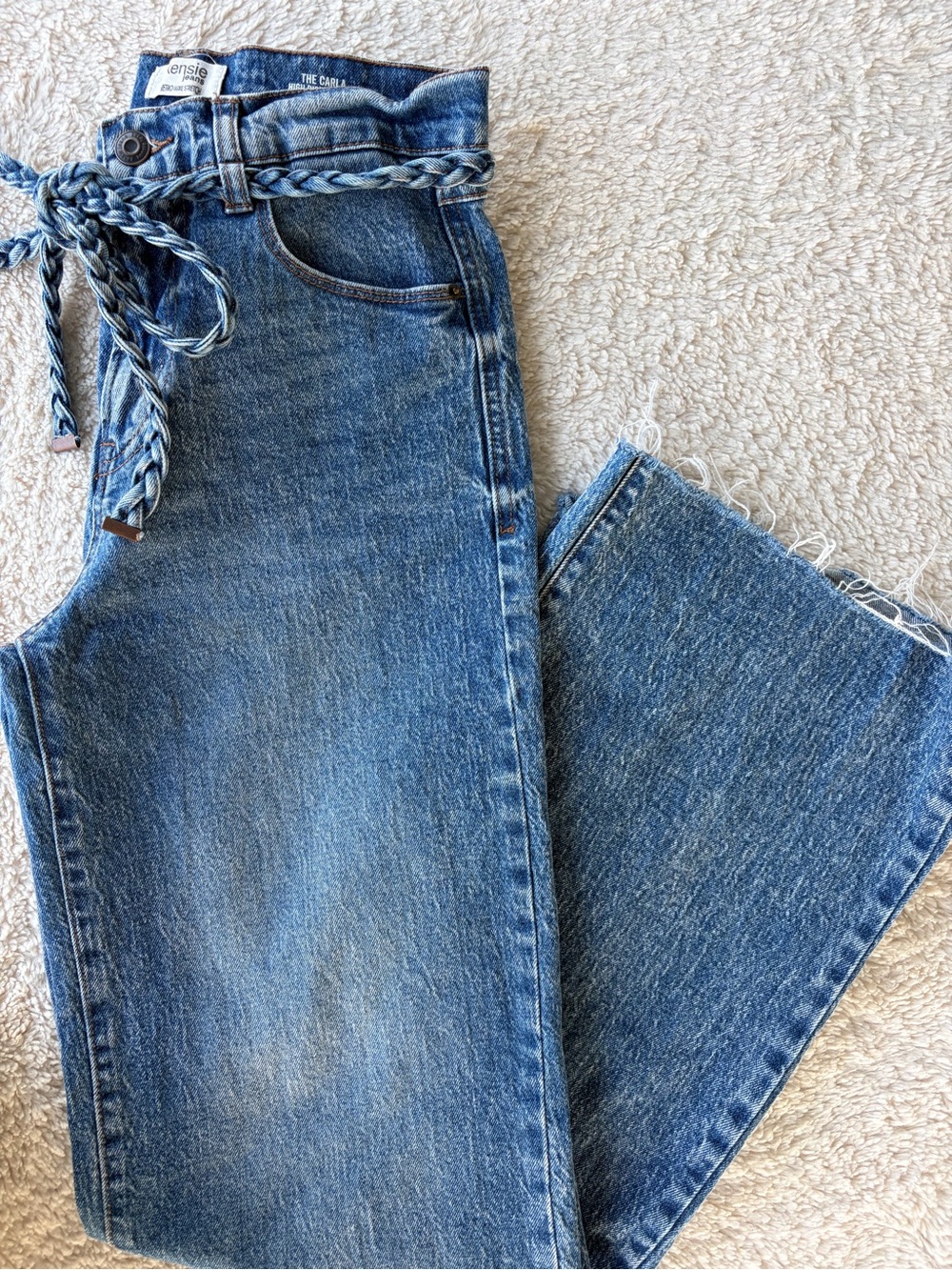 Kensie Braided-Belt Wide Leg Jeans in Medium Blue